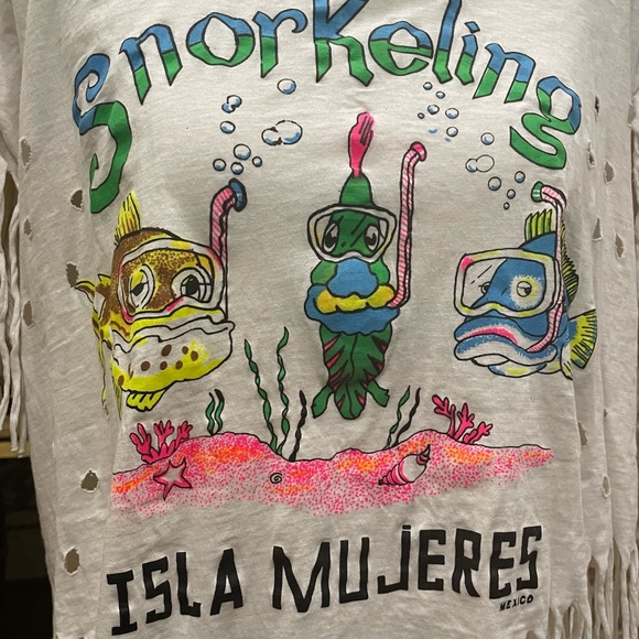 Salsa Calienté “Snorkling Isla Mujeres” distressed fringed crop top / L / EUC - Picture 7 of 11